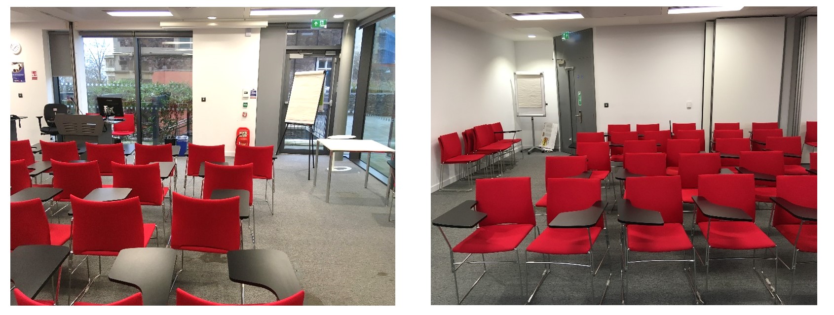 Pallet chairs in rows facing the teaching wall.